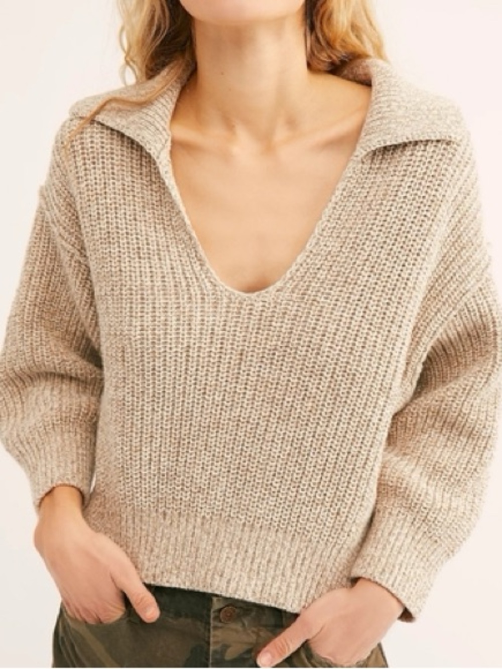 Free People Love This City Collared Ribbed Sweater Womens Medium Oversized Beige